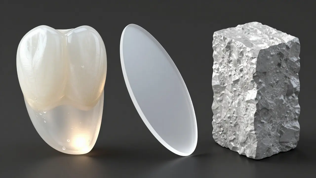 Konceptuální srovnání materiálů: porcelán, lithiumdisilikát a cirkonoxid