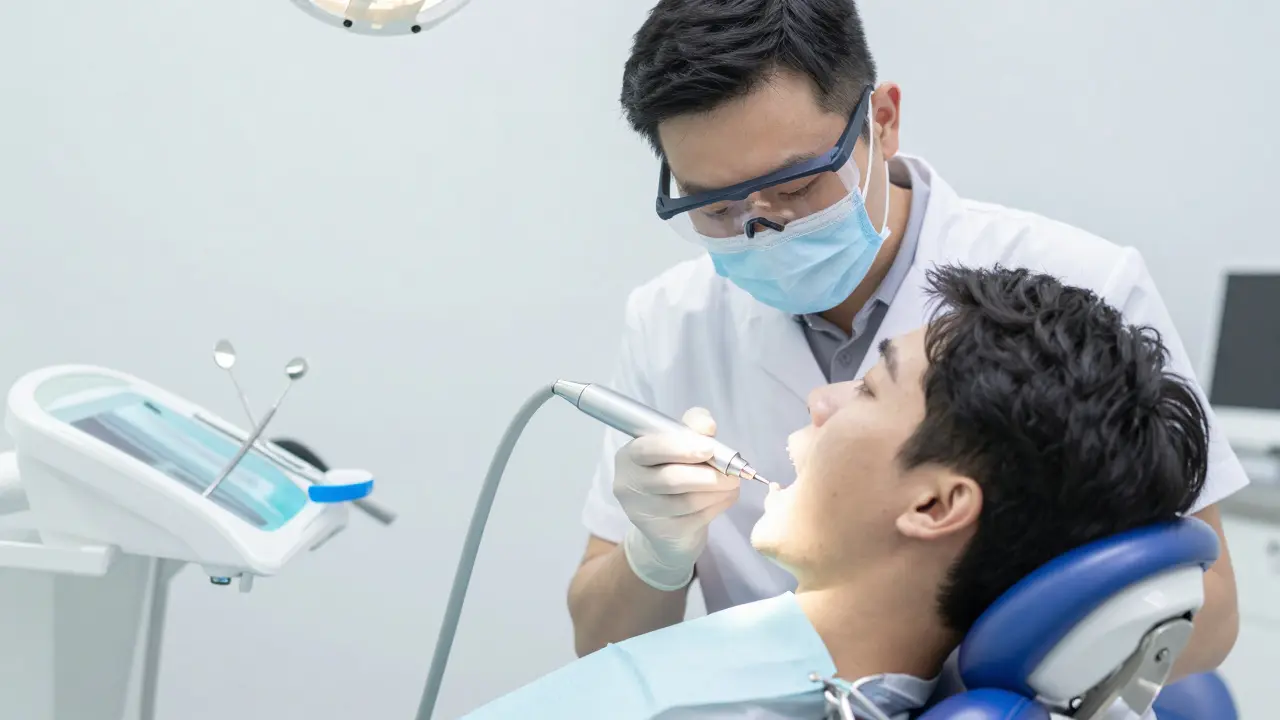 Stomatolog provádí diagnostiku na zubu pacienta