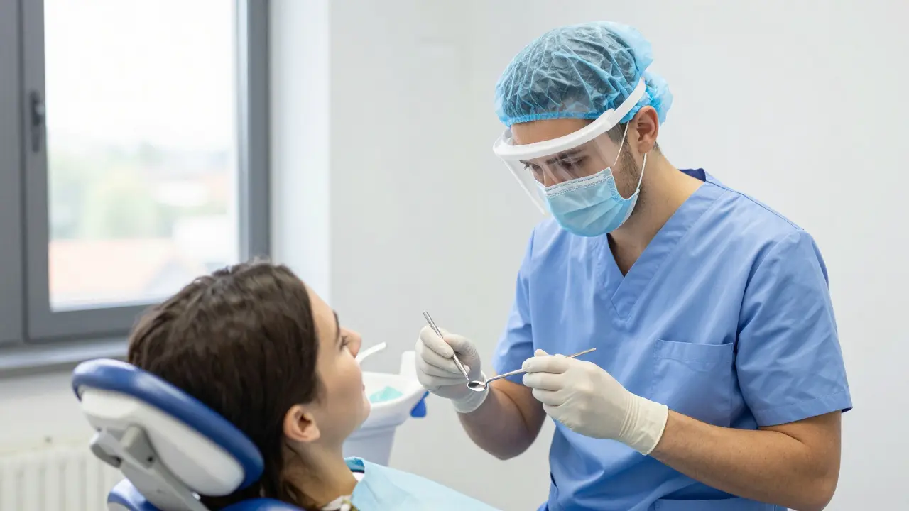 Stomatolog vyšetřuje pacienta v moderní ordinaci