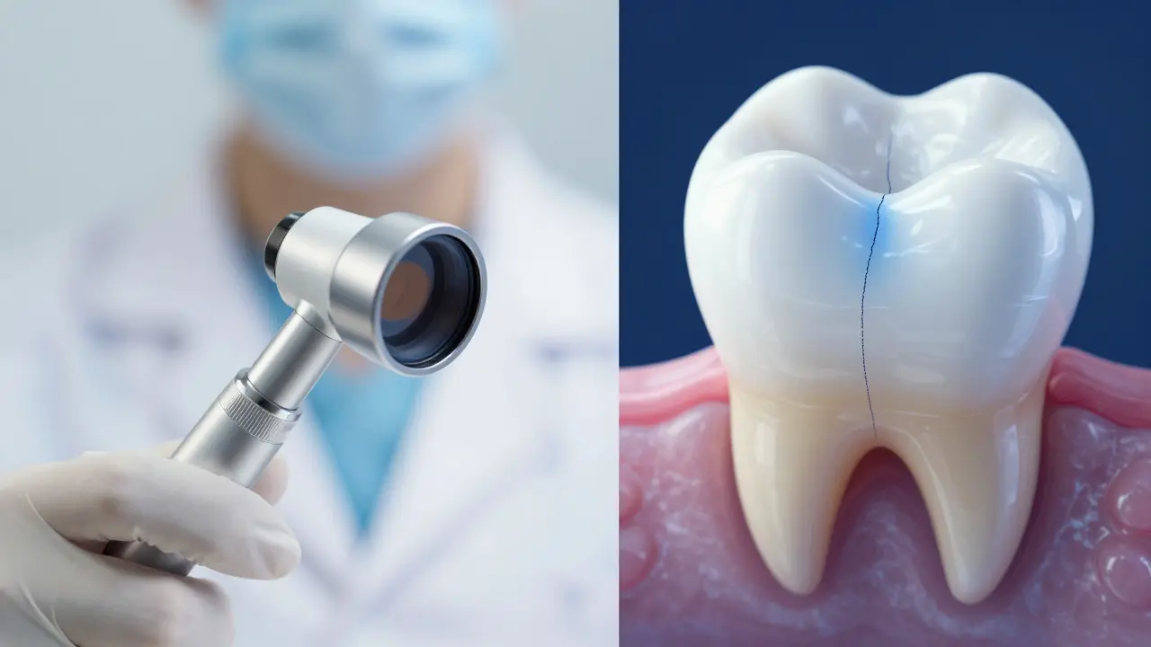 Stomatologická diagnostika trhliny pomocí světla a barviva