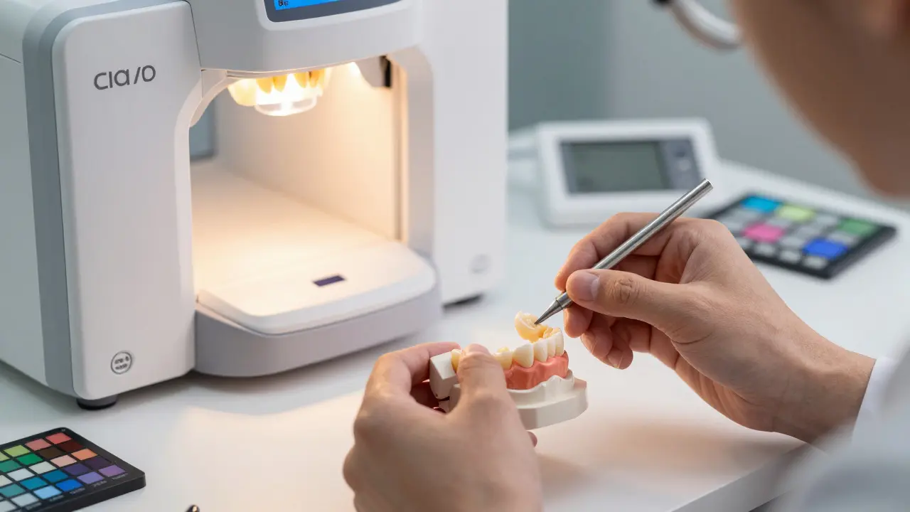 Technik tvoří kompozitní onlay v zubní laboratoři
