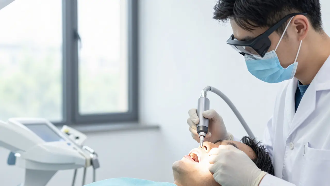 Zubní lékař provádí pískování zubů pomocí speciálního přístroje