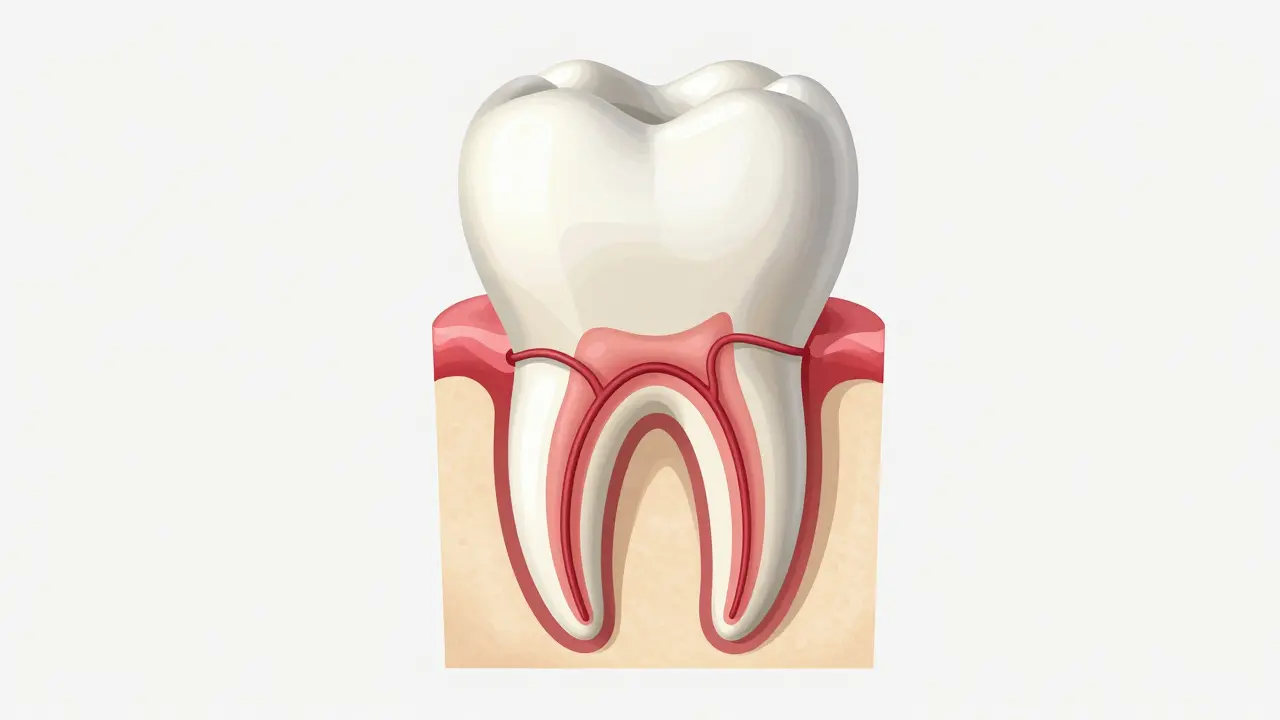 Anatomický řez předního zubu ukazující nerv a citlivé kanálky
