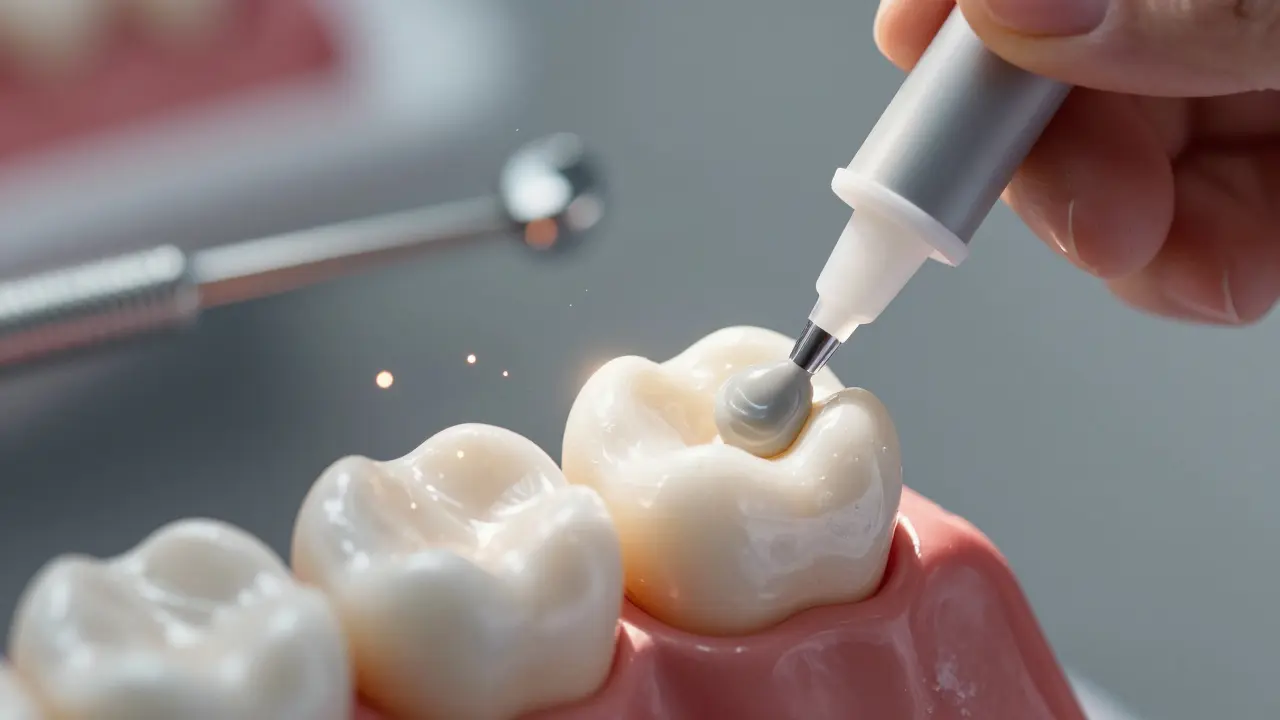 Aplikace skloionomerní plomby s uvolňováním fluoridu do zubu