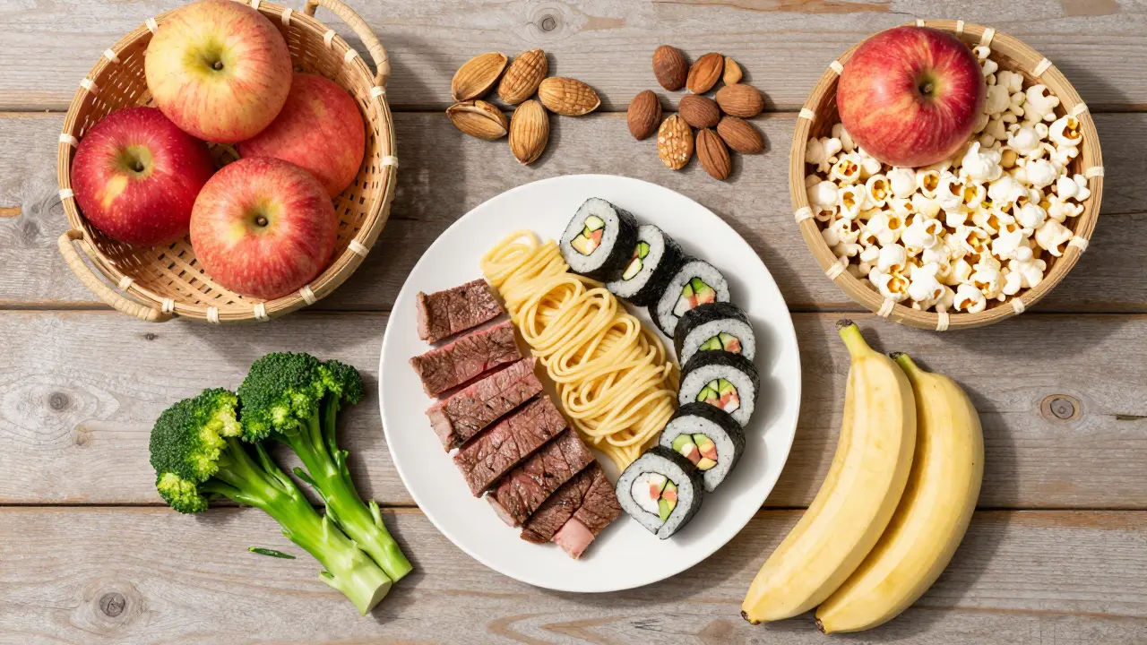Deska s bezpečnými jídly pro nositele rovnátek, jako je sushi a maso