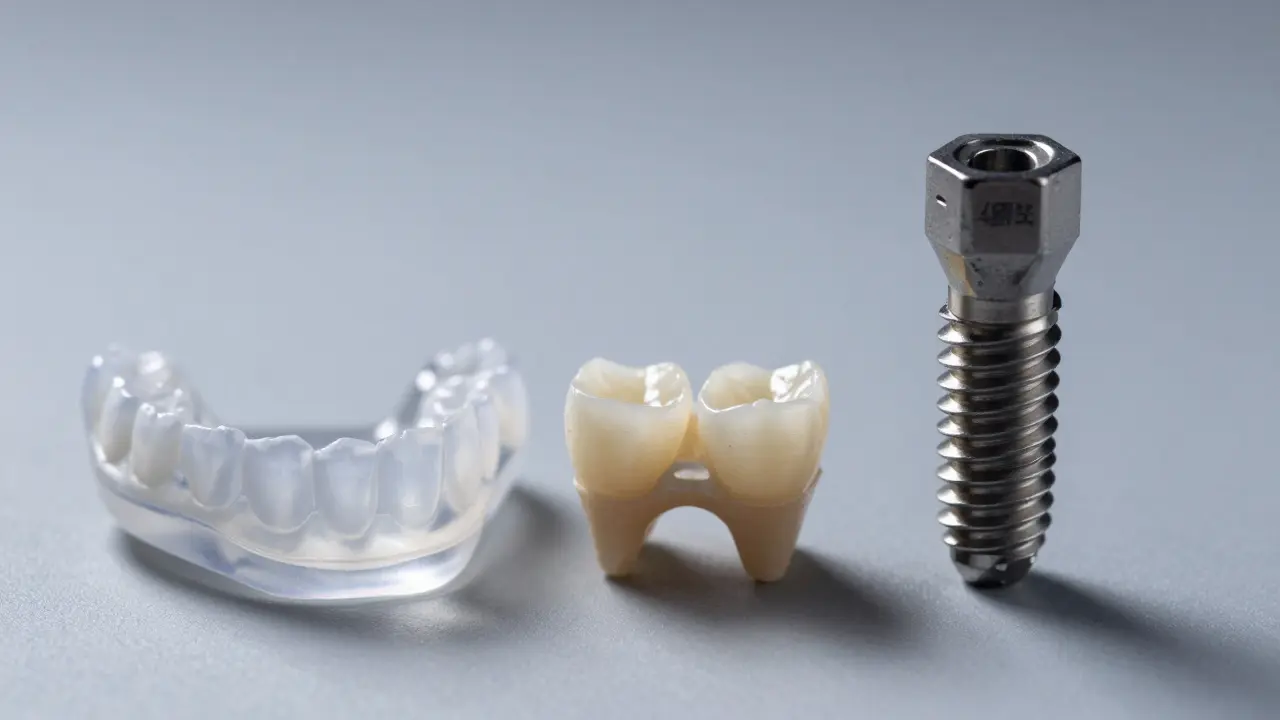 Detailní pohled na různé typy zubních náhrad: protézu, můstek a implantát