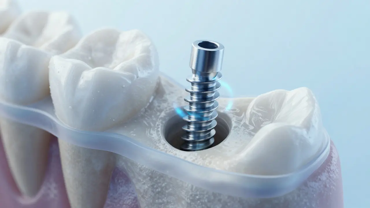 Detailní záběr na regeneraci kosti kolem implantátu
