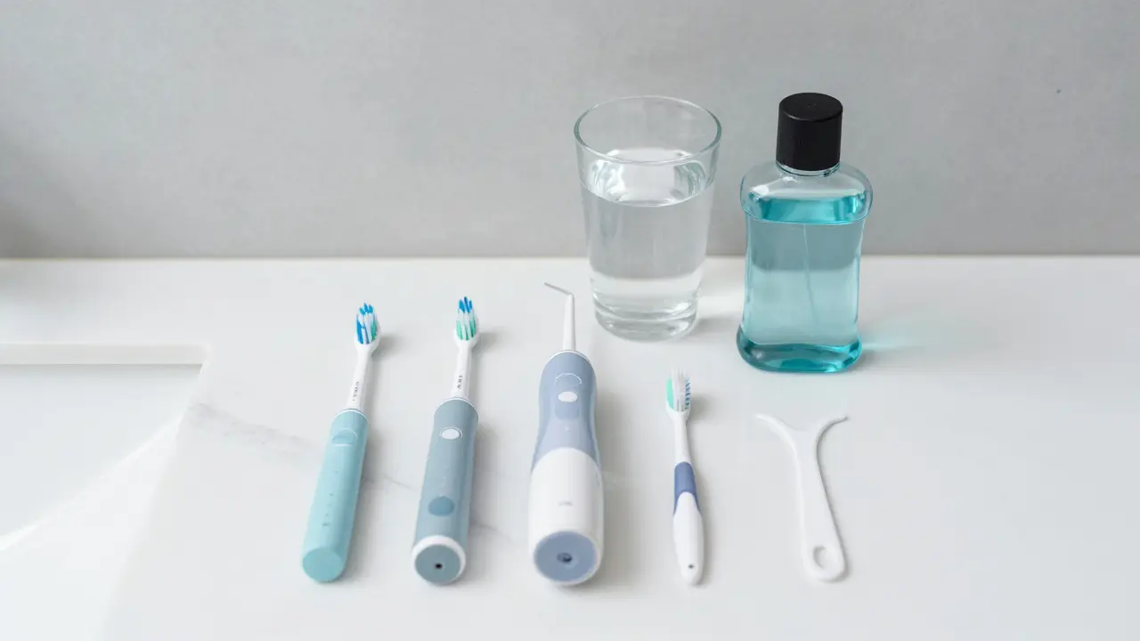 Hygienické pomůcky pro čištění zubů s rovnátky na mramorovém pultu