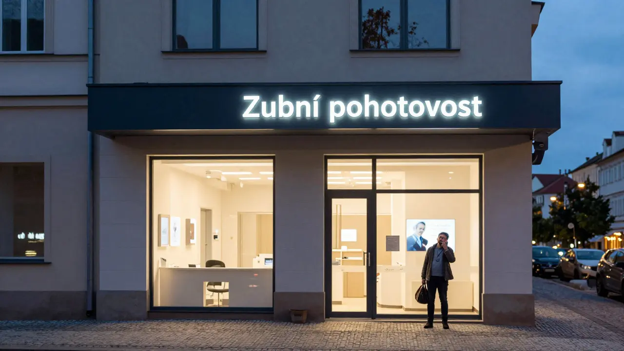 Moderní budova zubní pohotovosti v Praze večer s osobou u vchodu