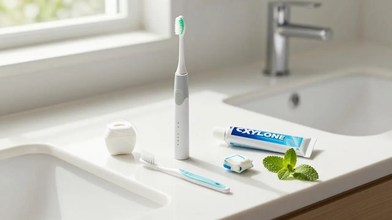 Nástroje pro domácí ústní hygienu: kartáček, nit a fluoridový gel