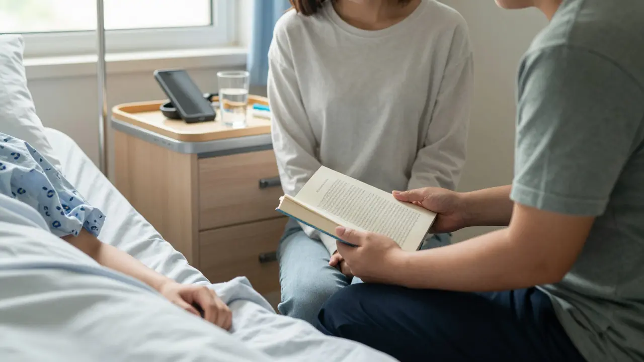 Rodinný příslušník sedí na lůžku pro doprovázející osobu vedle pacienta