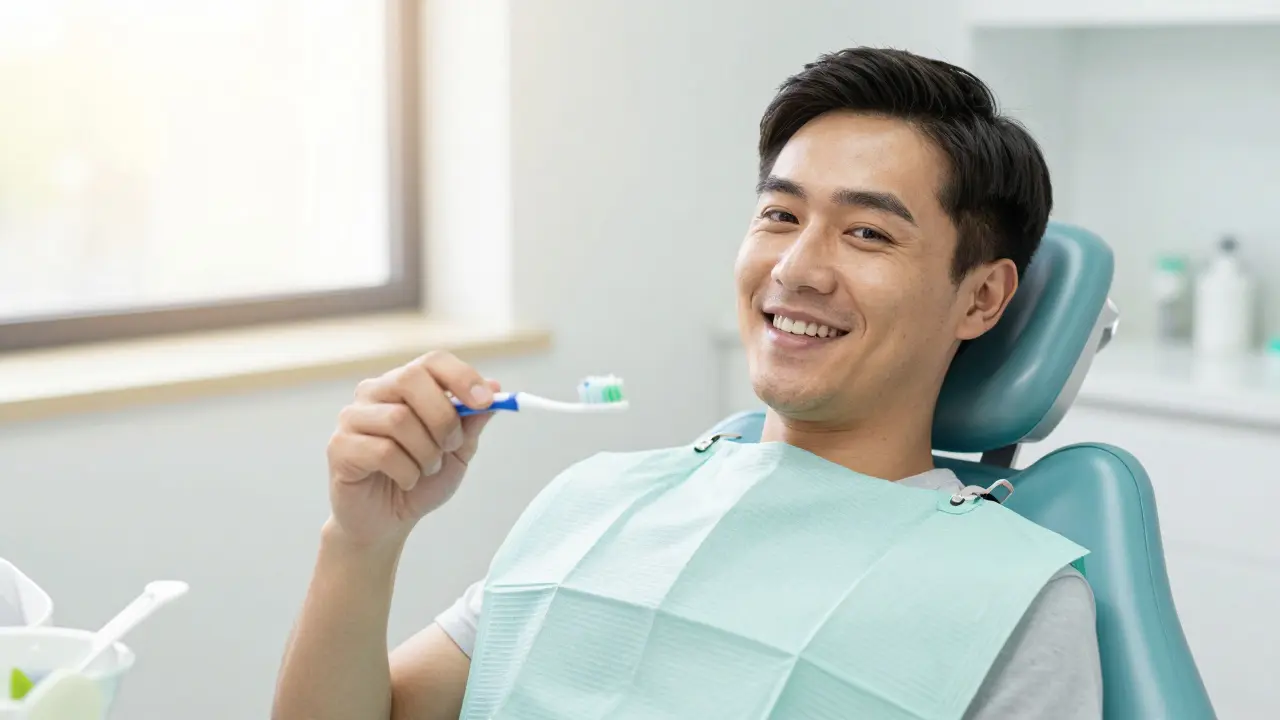Šťastný pacient s čistým úsměvem drží kartáček po hygieně
