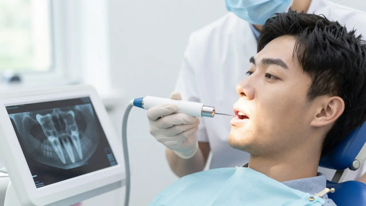 Zubní lékař provádí test vitality předního zubu