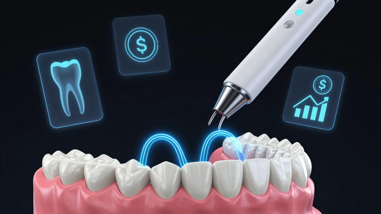 Digitální skener a 3D model zubního mostu s ikonami nákladů