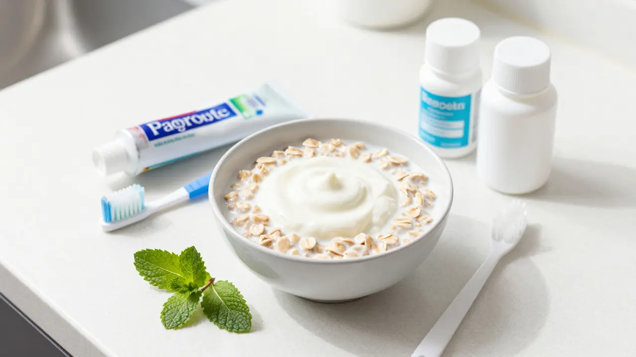 Jídlo a hygienické potřeby pro péči o rovnátka na stole