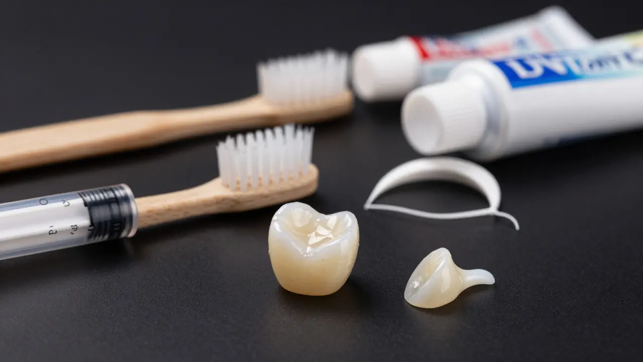 Keramická korunka a materiály pro obnovu zubů na černém podkladě