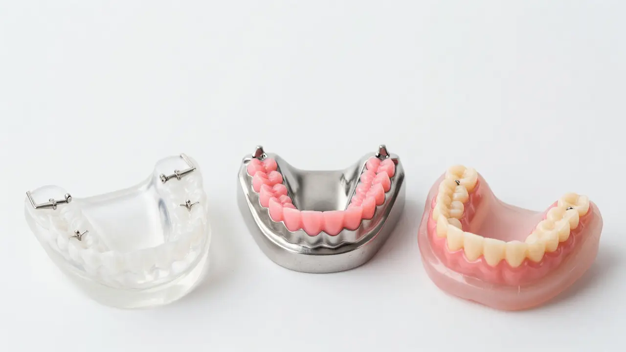 Srovnání tří typů částečných náhrad: akrylát, kov a elastomer