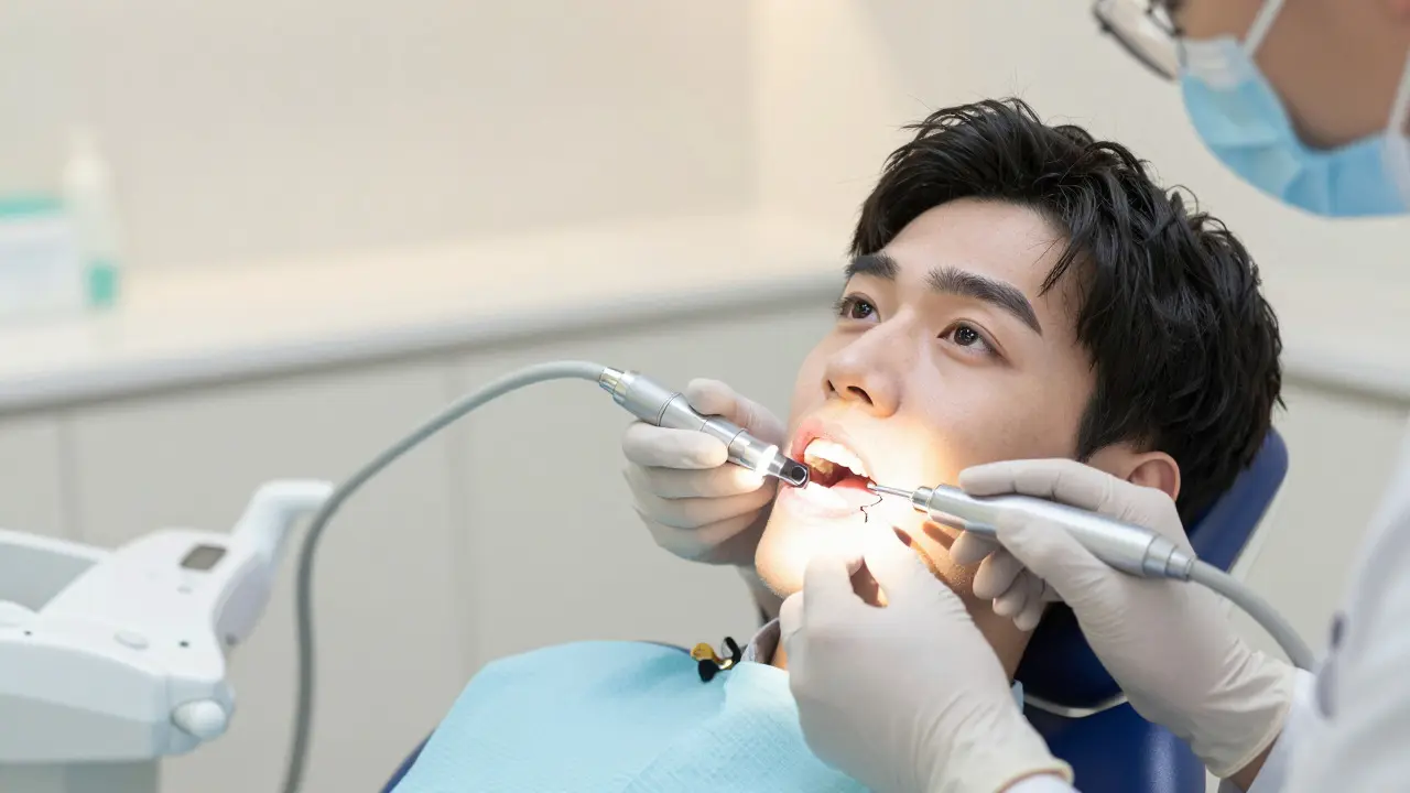 Zubní lékař zkoumá zuby pacienta pomocí světelné diagnostiky