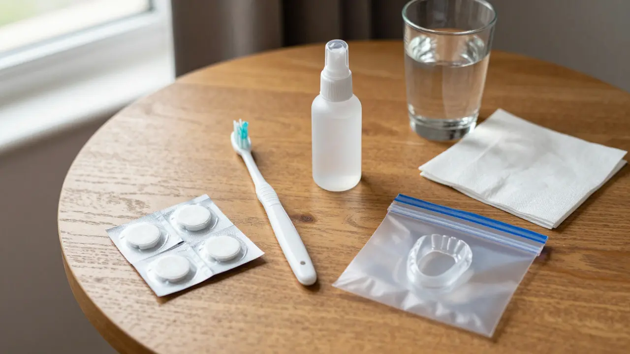 Cestovní hygienická sada s kartáčem, tabletami a láhví čističe rozložená na dřevěném stole.