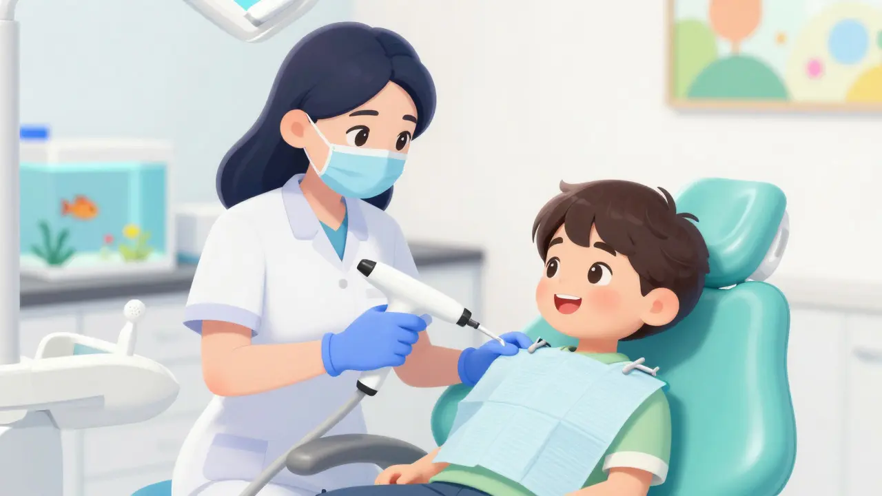Dentální hygienista a šťastné dítě v ordinaci