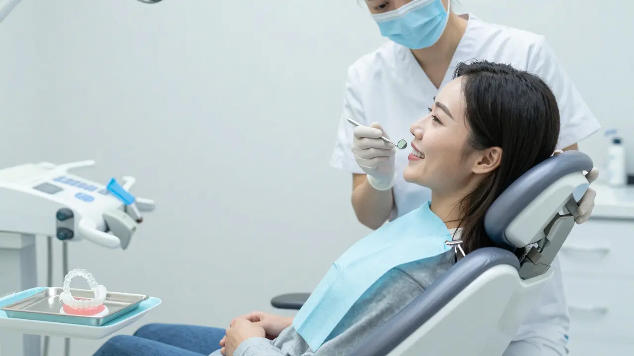 Dentista prohlízející ústa pacienta v moderní ordinaci