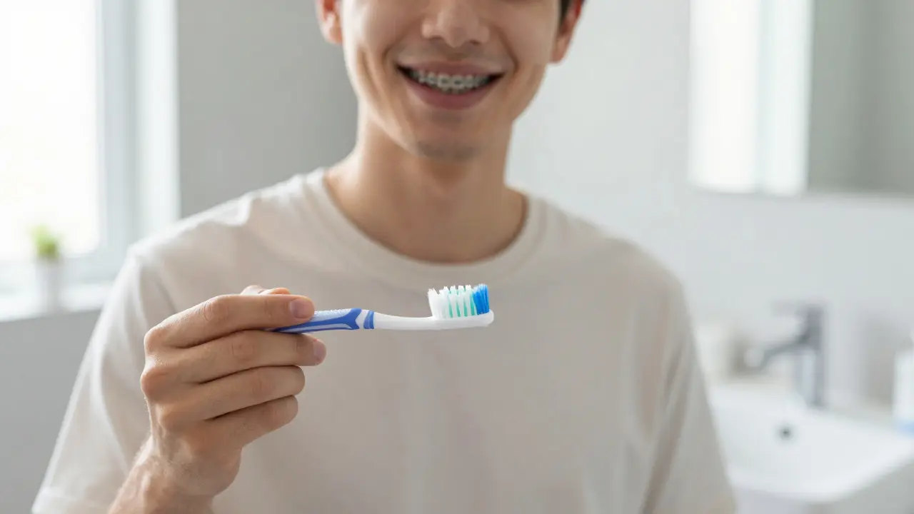 Dospělý s keramickými rovnátky čistící si zuby