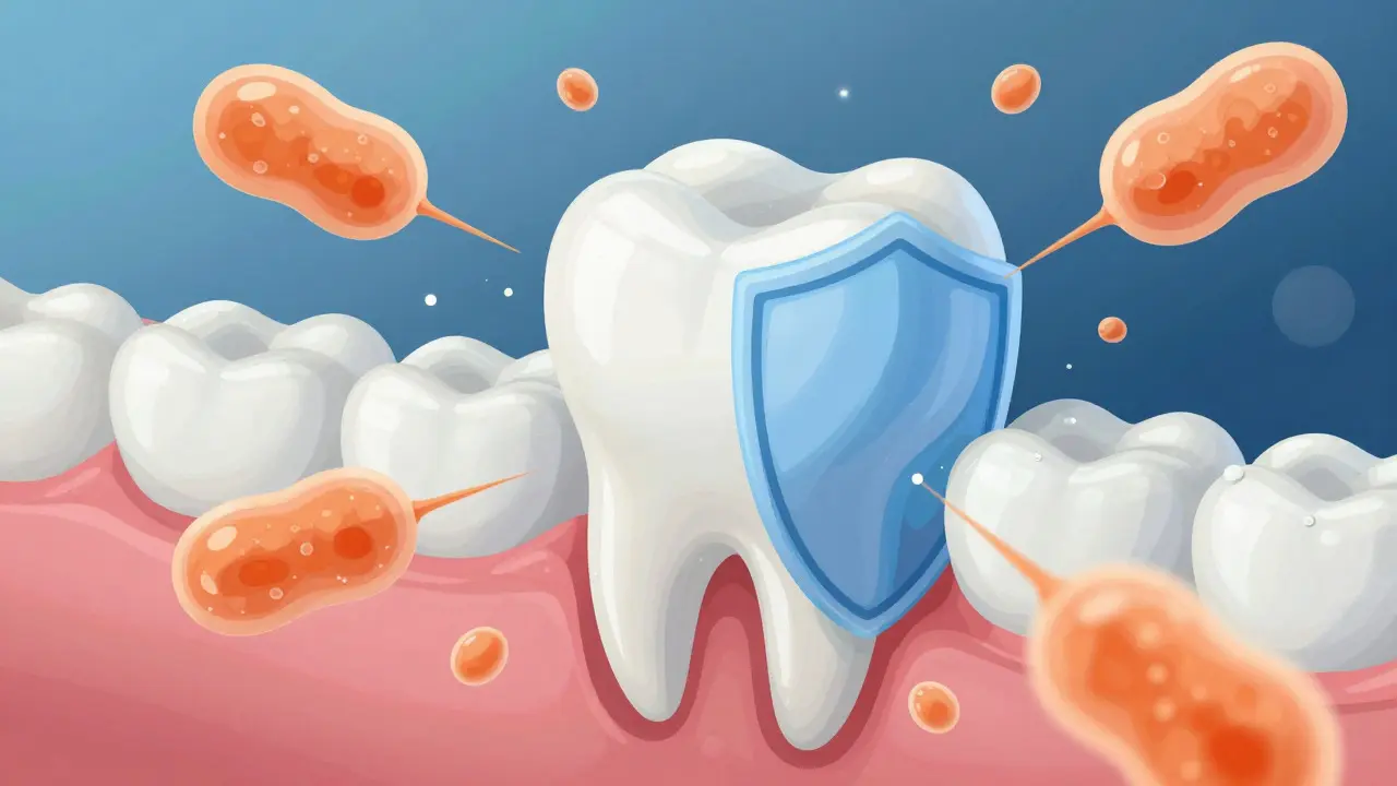 Ilustrace ochrany zubní skloviny fluoridem před kyselinami