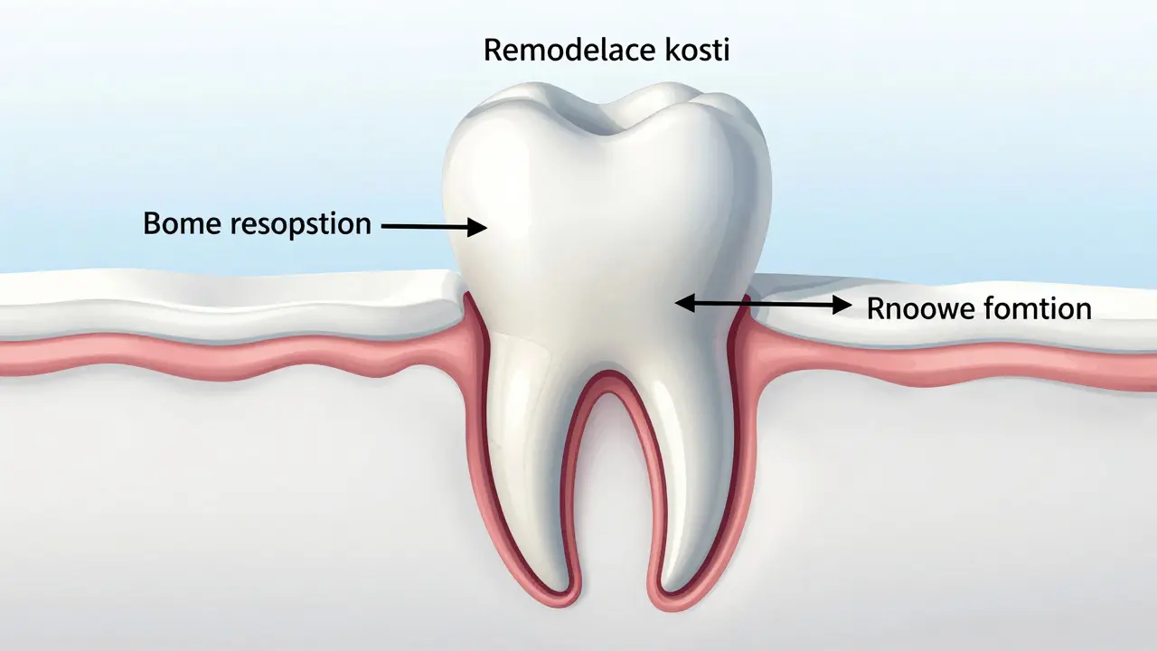 Ilustrace procesu remodelace kosti při pohybu zubů