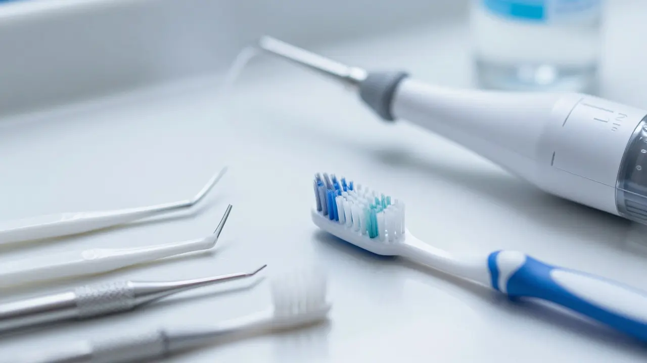 Moderní nástroje na ústní hygienu: kartáček, mezizubní kartáčky a irrigátor.