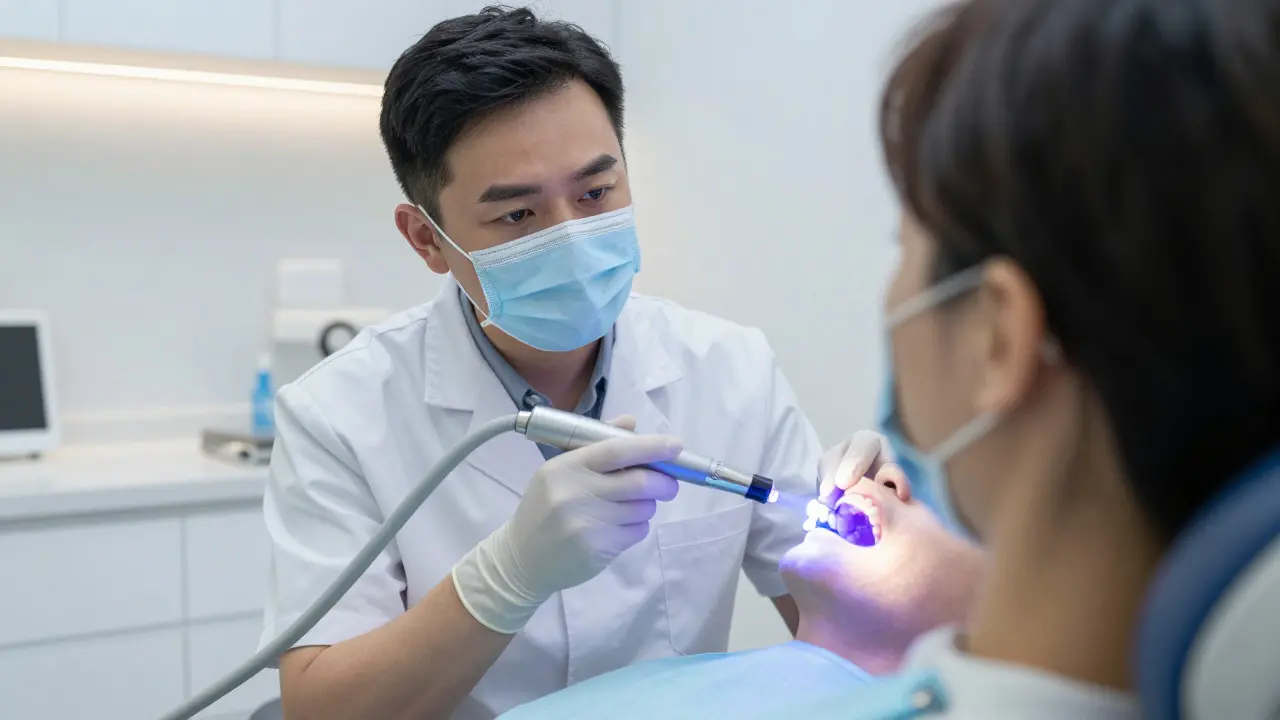 Stomatolog vyšetřuje zuby pacienta pomocí diagnostického světla