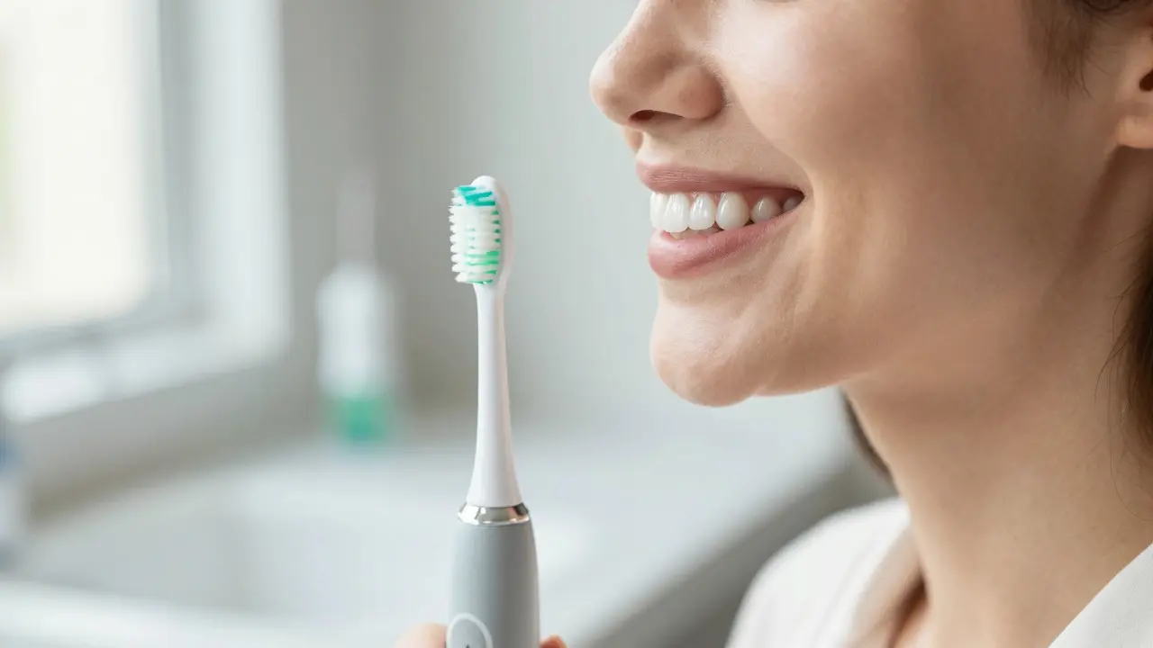 Úsměv ženy s bílými zuby a dentálními pomůckami na mramorovém pultu