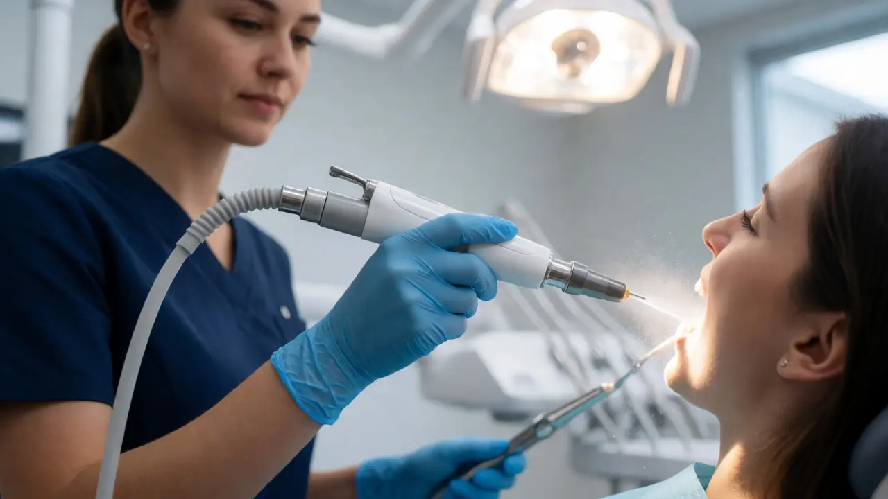Zubní hygienista používá Air Flow přístroj na čištění zubů