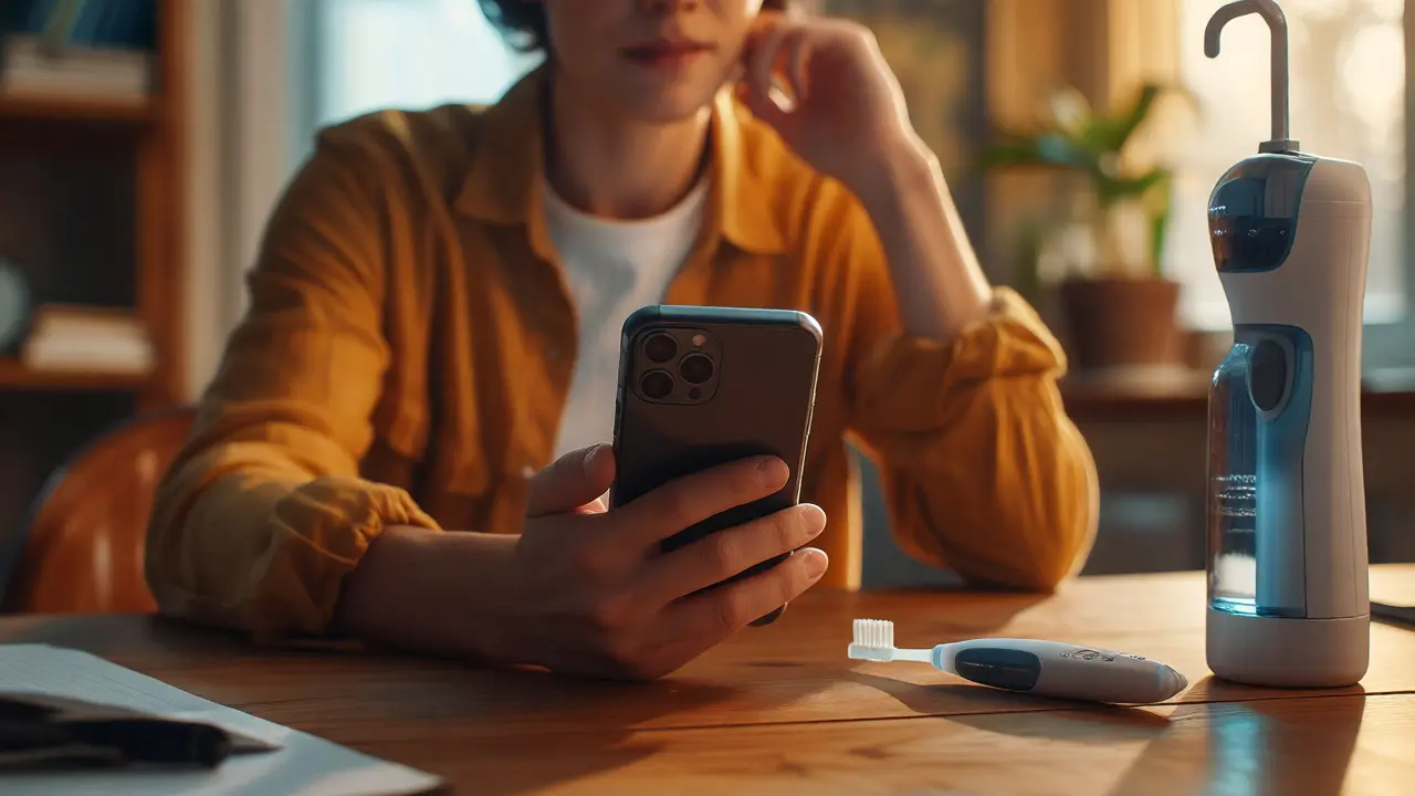 Člověk kontroluje informace o pojištění na telefonu vedle irigátoru