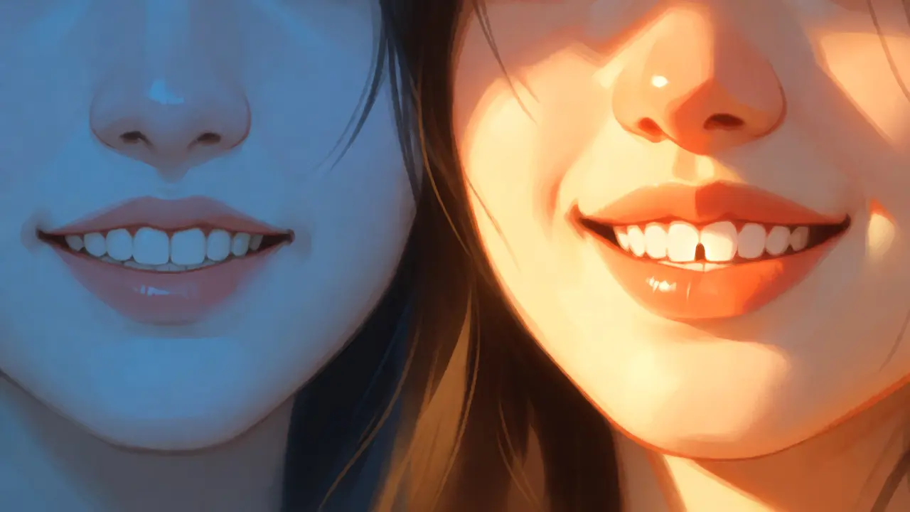 Konceptuální ilustrace kontrastujícího úsměvu s diastémou