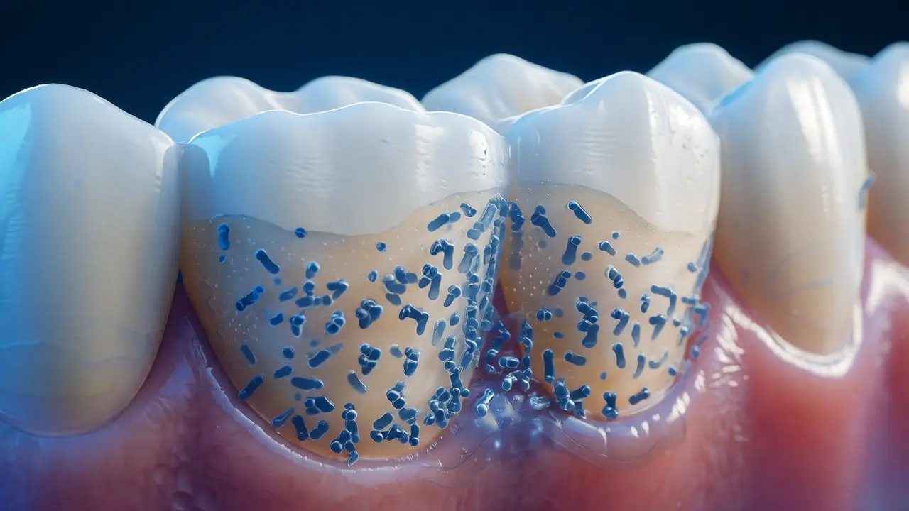 Makro fotografie plaku jako biofilmu na povrchu zubů a u dásní