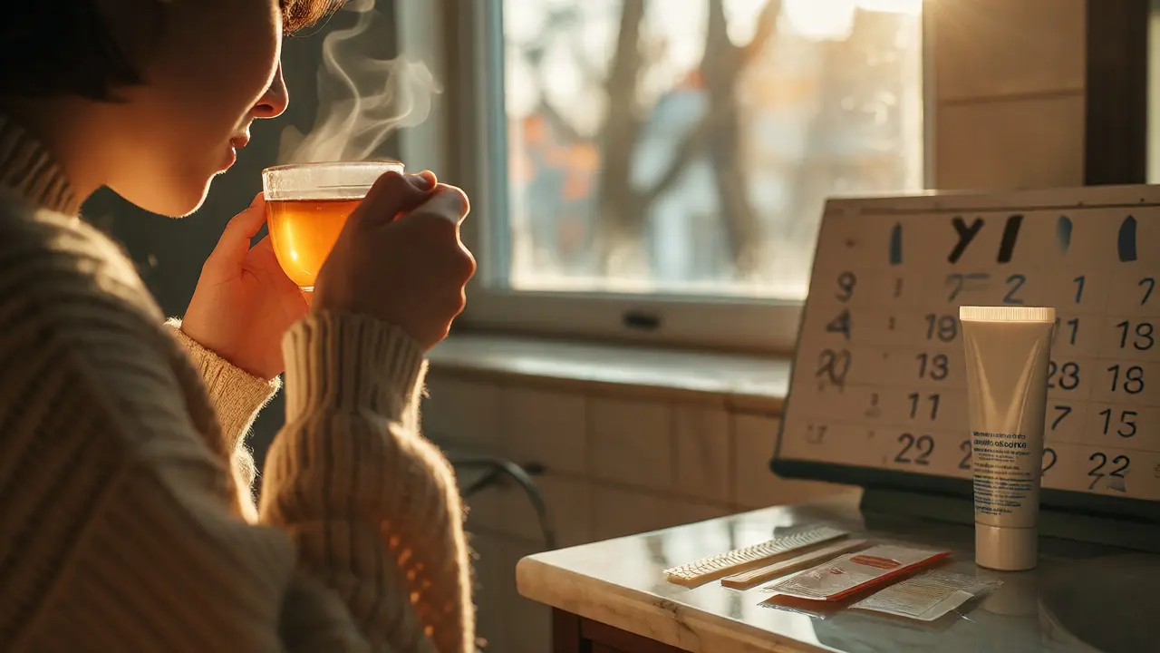 Osoba váhá s pitím kávy po bělení zubů v osvětlené koupelně.