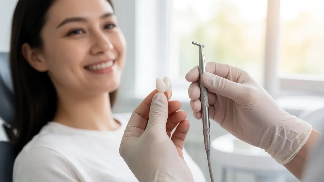 Pacient v zubním křesle drží hotovou keramickou korunku pro implantát