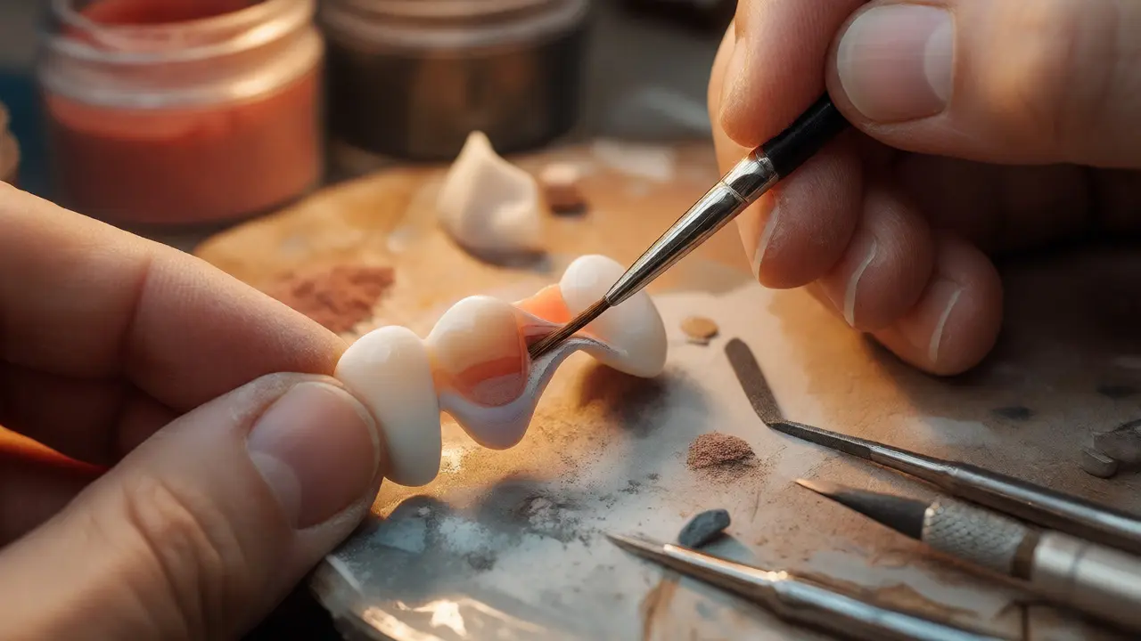 Ruční nanášení barevných vrstev na keramickou facetu v zubní laboratoři.