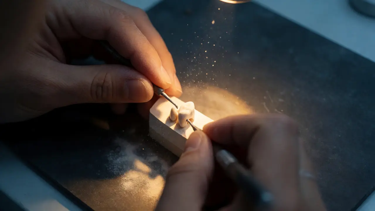 Technik v laboratoři brousí keramický blok na tvar zubu pod světlem.