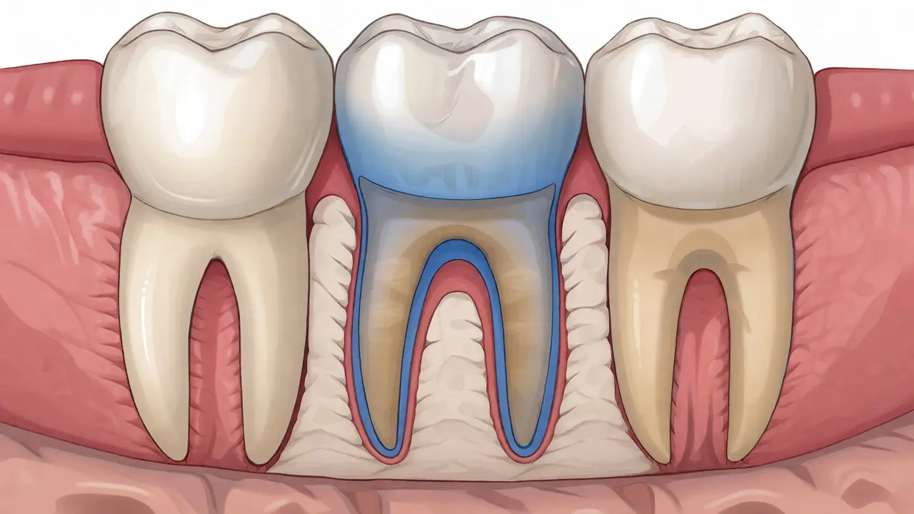 Anatomický řez čelistí znázorňující tlak stálého zubu na kořen mléčného.