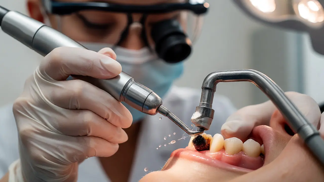 Dentální hygienistka odstraňuje kámen ultrazvukem