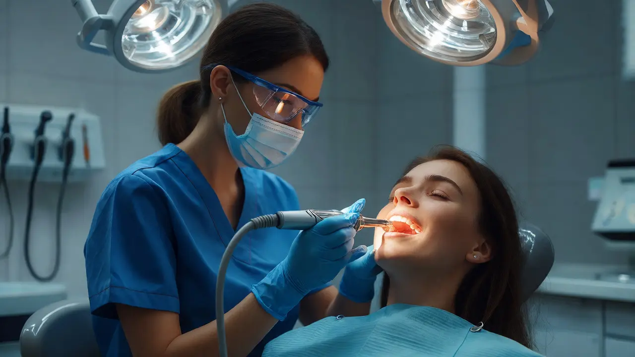 Dentální hygienistka odstraňuje zubní kámen ultrazvukem v ordinaci.