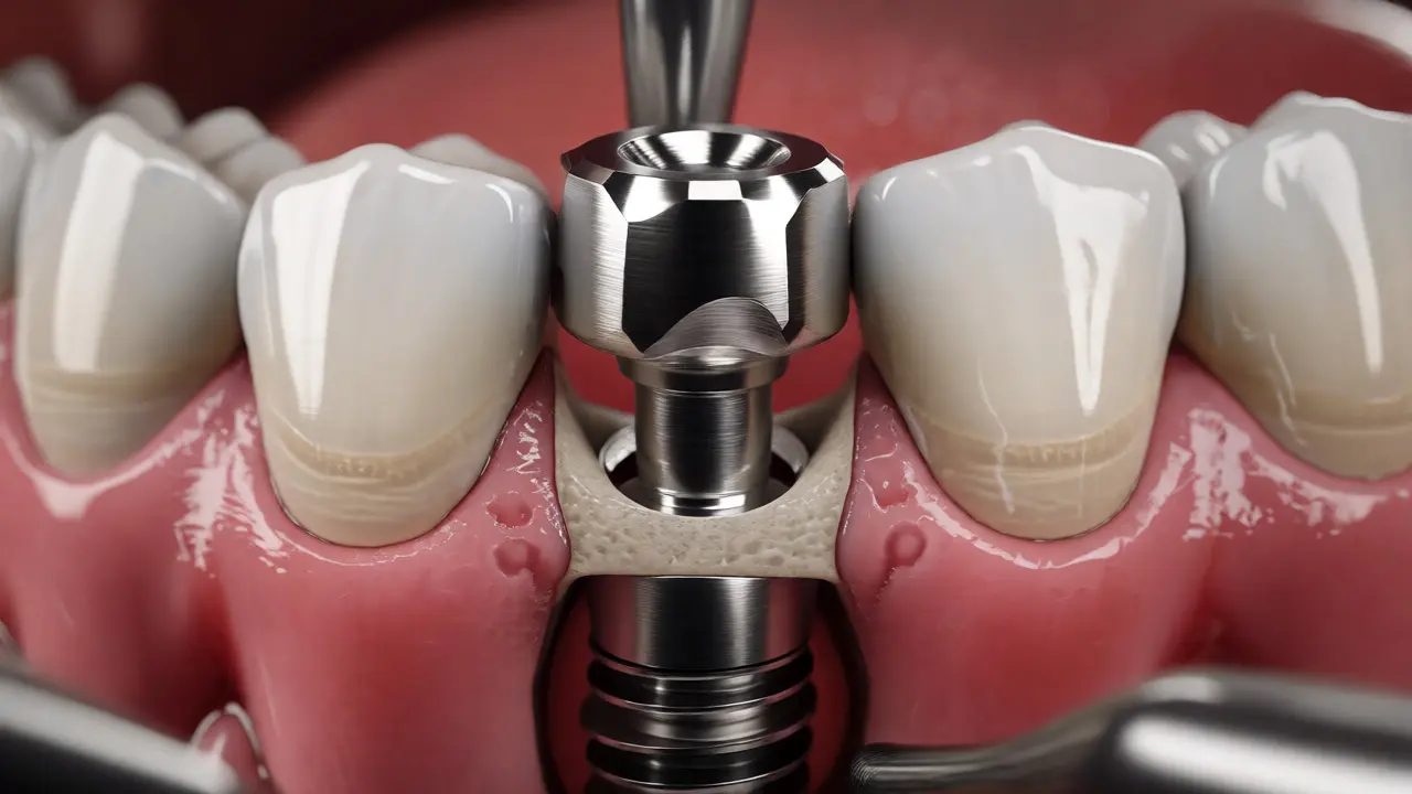 Detailní záběr na zavádění titanového zubního implantátu do kosti během operace