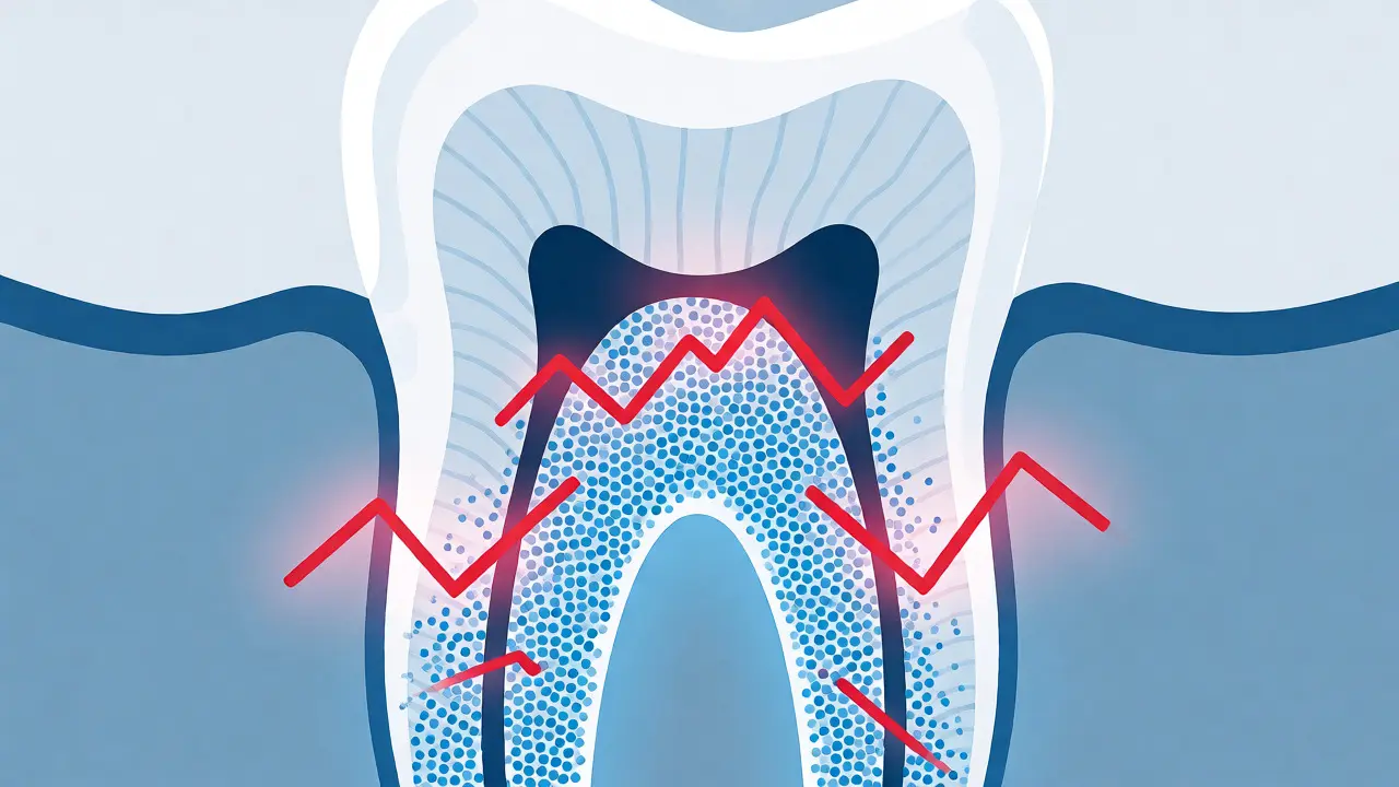 Ilustrace ochrany zubu před citlivostí pomocí fluoridu a bariéry.