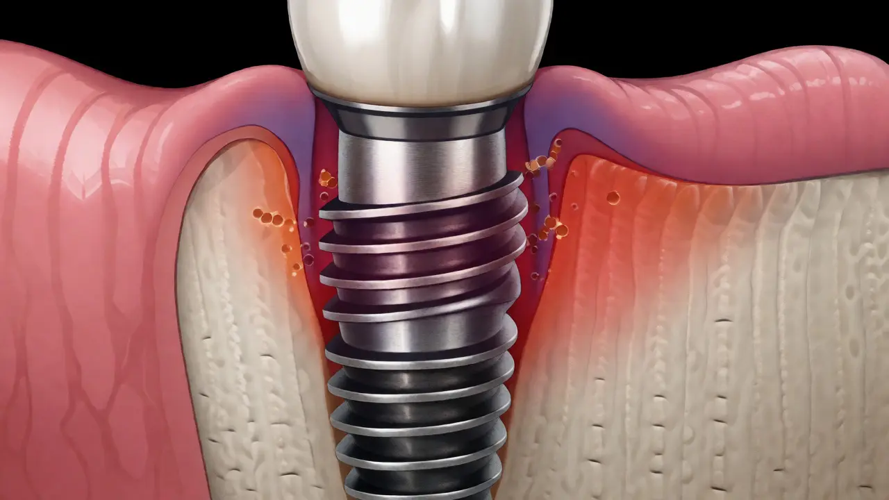 Ilustrace periimplantitidy s viditelným zánětem dásní kolem zubního implantátu.