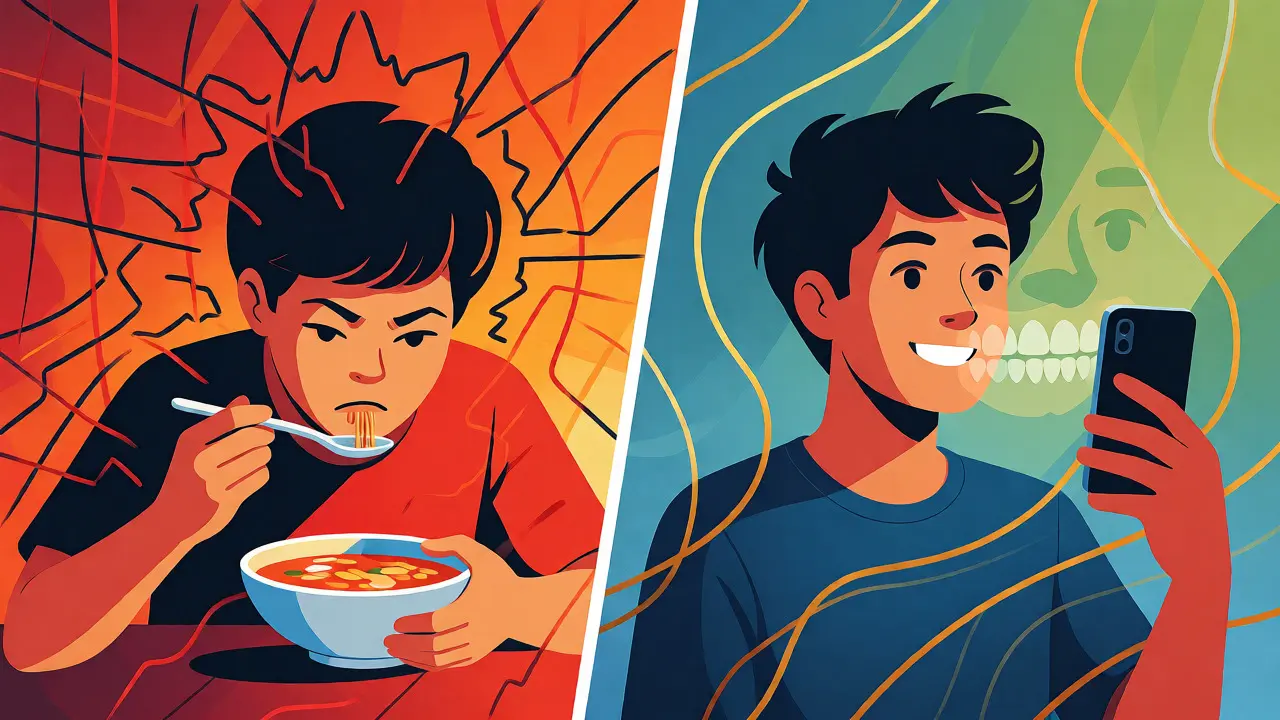 Ilustrace přechodu od bolesti k sebevědomému úsměvu s rovnátky