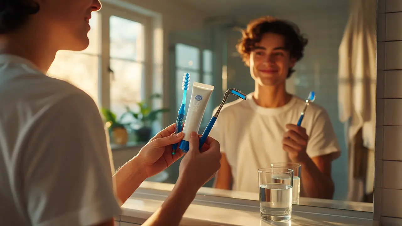 Osoba s hygienickými pomůckami pro čištění zubů s aparátorem