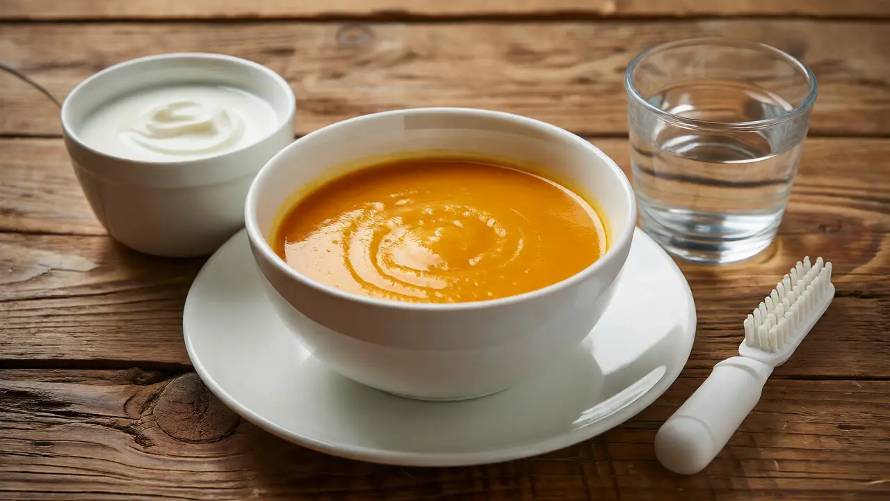 Soft foods like soup and yogurt next to denture brush