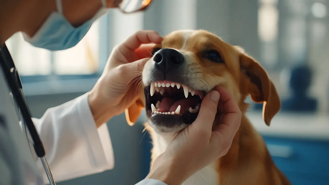 Veterinář kontroluje skus štěněte s ortodontickou vadou