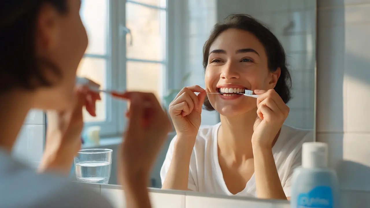 Žena používá mezizubní nitku pro prevenci kazů